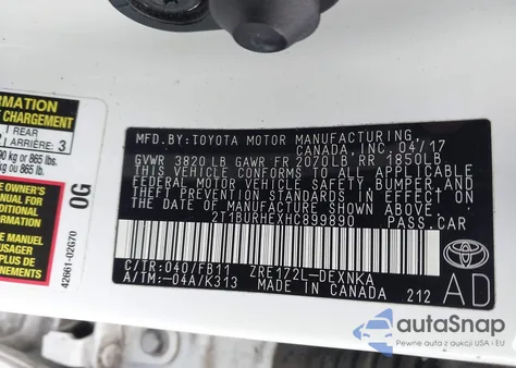 2017 Toyota Corolla Le из США, поврежденный, VIN 2T1BURHEXHC899890